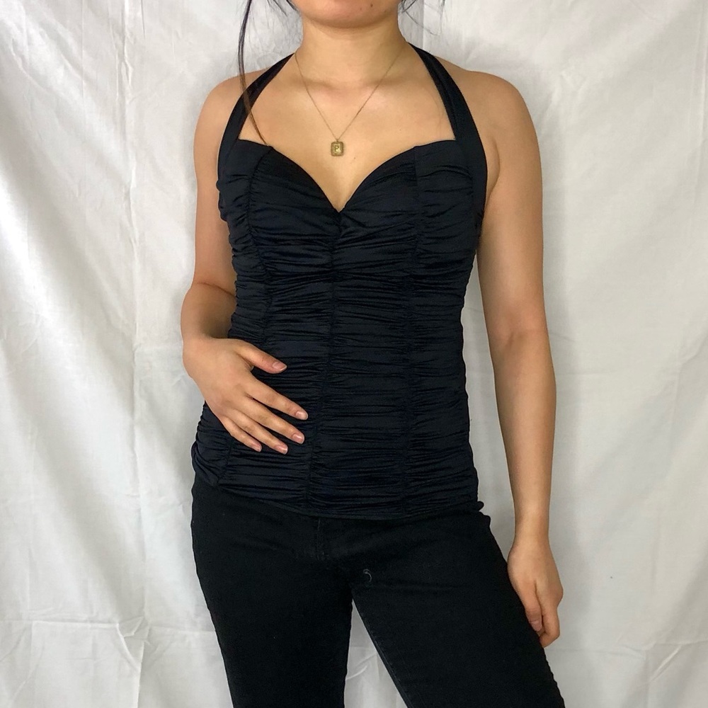 Womens DKNY Ruched Sweetheart Neckline Halter Tie Tank Swim Top size Small